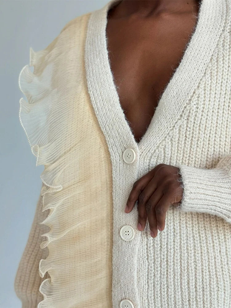 Lace Patchwork V-neck Ribbed Cardigan