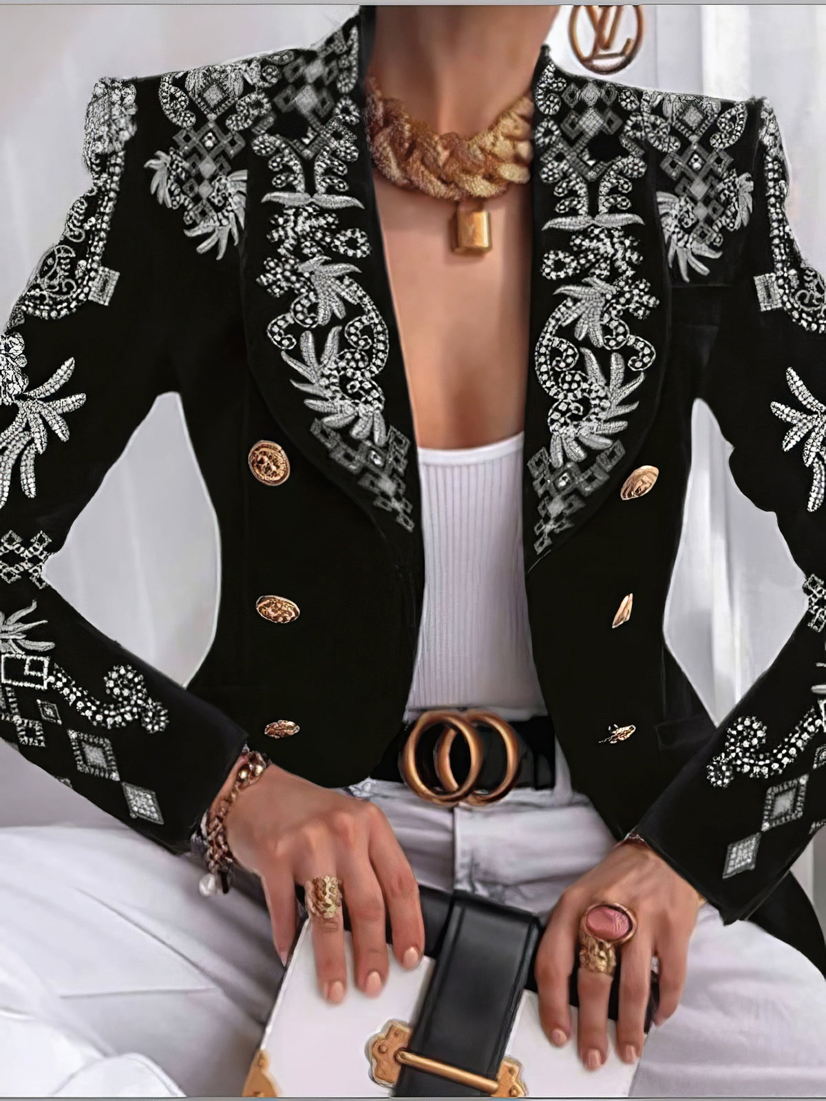 Double-Breasted Lapel Printed Long Sleeve Blazer