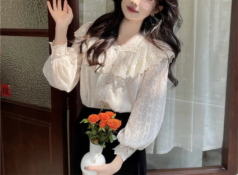 Lace Ruffle Edge Long Sleeve Blouse Sweet Blouse
