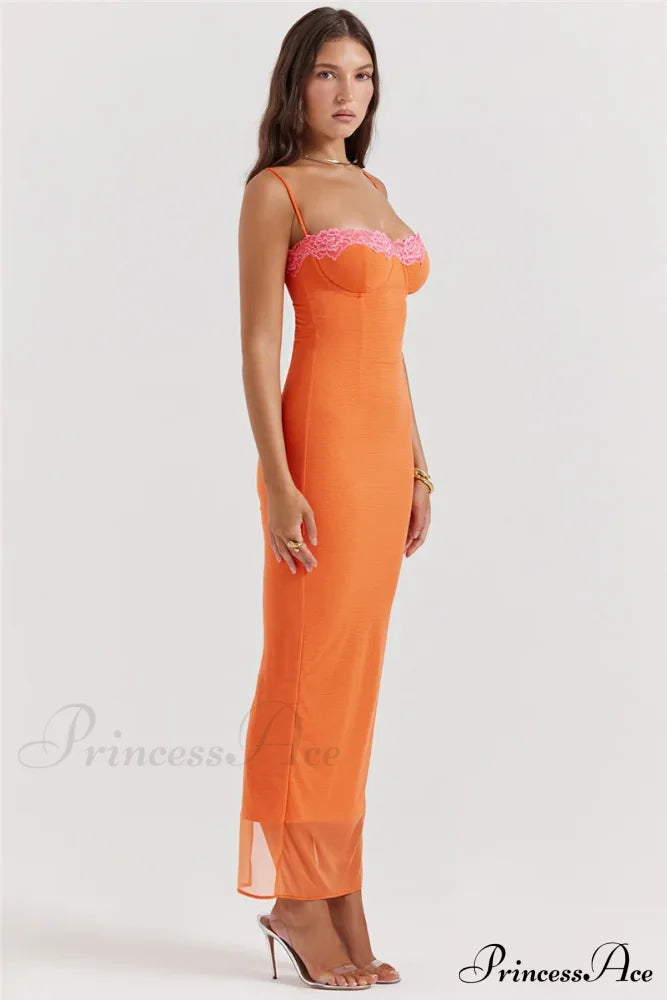 Lace Spaghetti Strap Charming Mesh Midi Dress