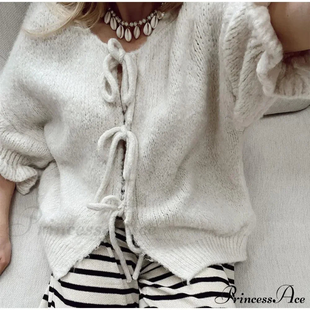 Lace Up Bow Flared Sleeve Loose Fashion Street Cardigan