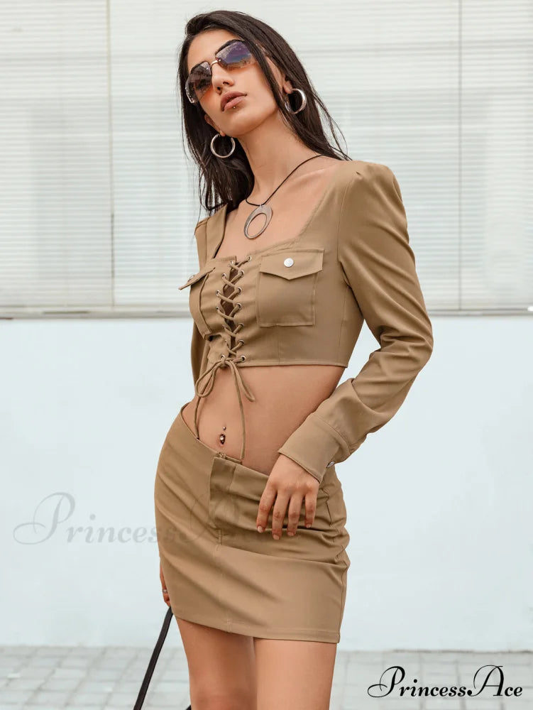 Lace-Up with and Set Cropped Top Skirt Detail