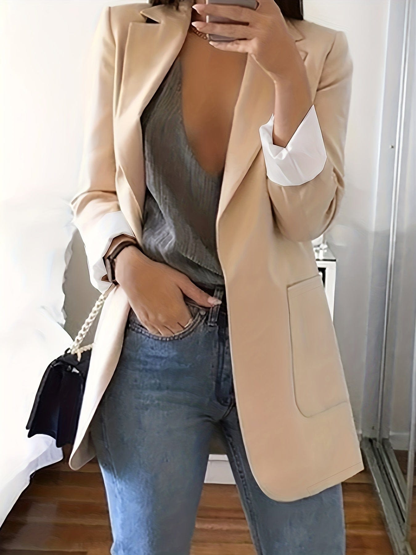 Classic Solid Color Buttonless Placket Lapel Long Sleeve Blazer
