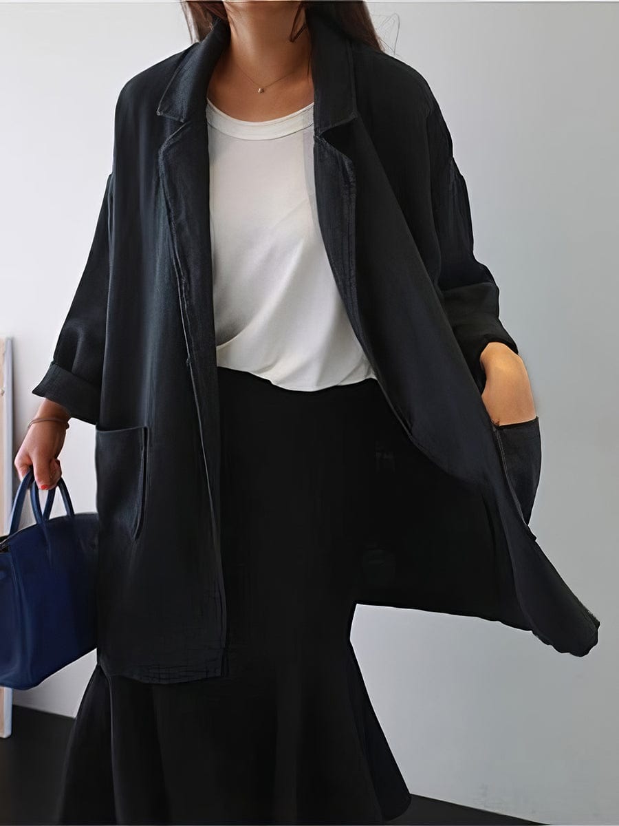 Literary Style Lapel Loose Solid Color Mid Length Coat