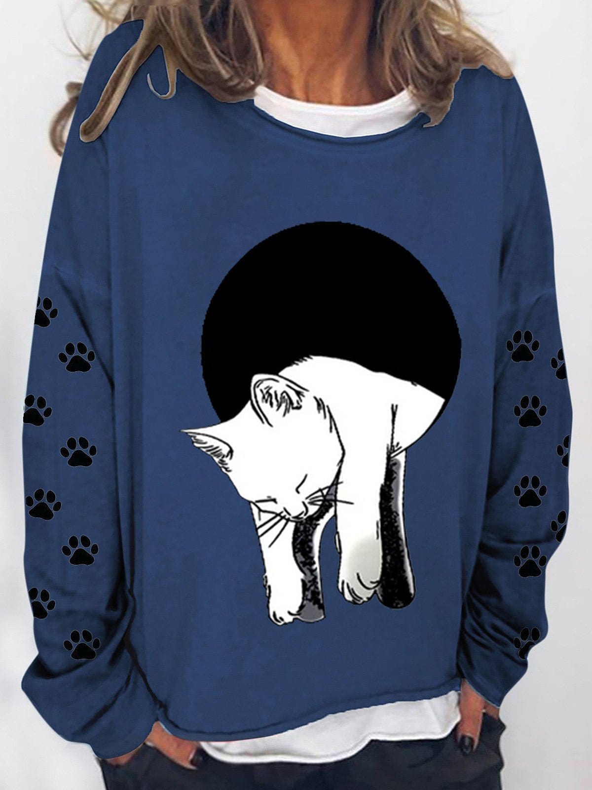 Long Sleeve Cat Printed Sweatshirt