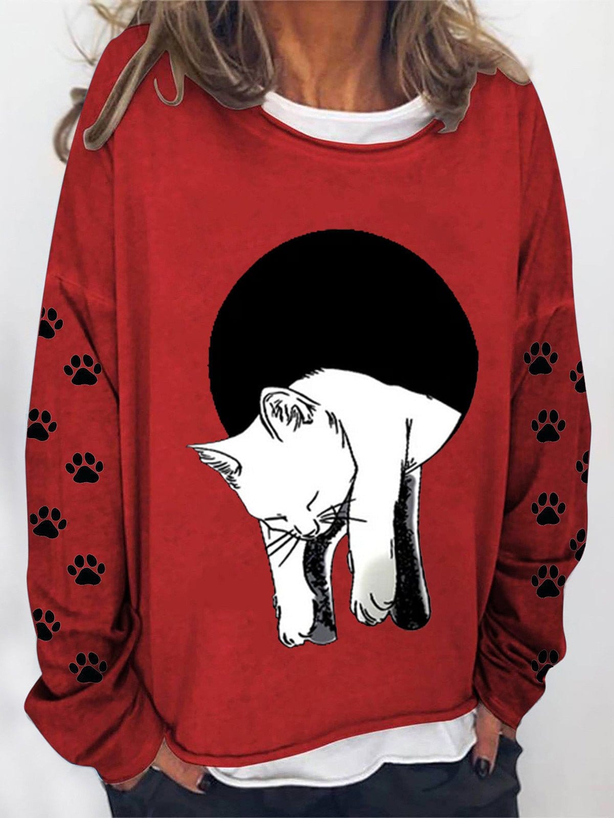 Long Sleeve Cat Printed Sweatshirt
