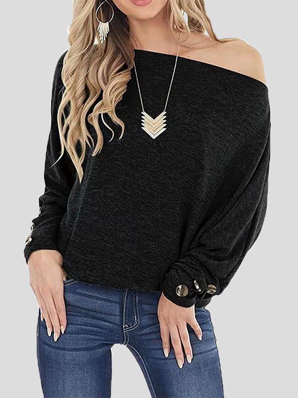 Off The Shoulder Solid Button Long Sleeve T-Shirt