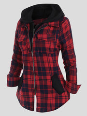 Plaid Zip-Up Hooded Coat with Pockets