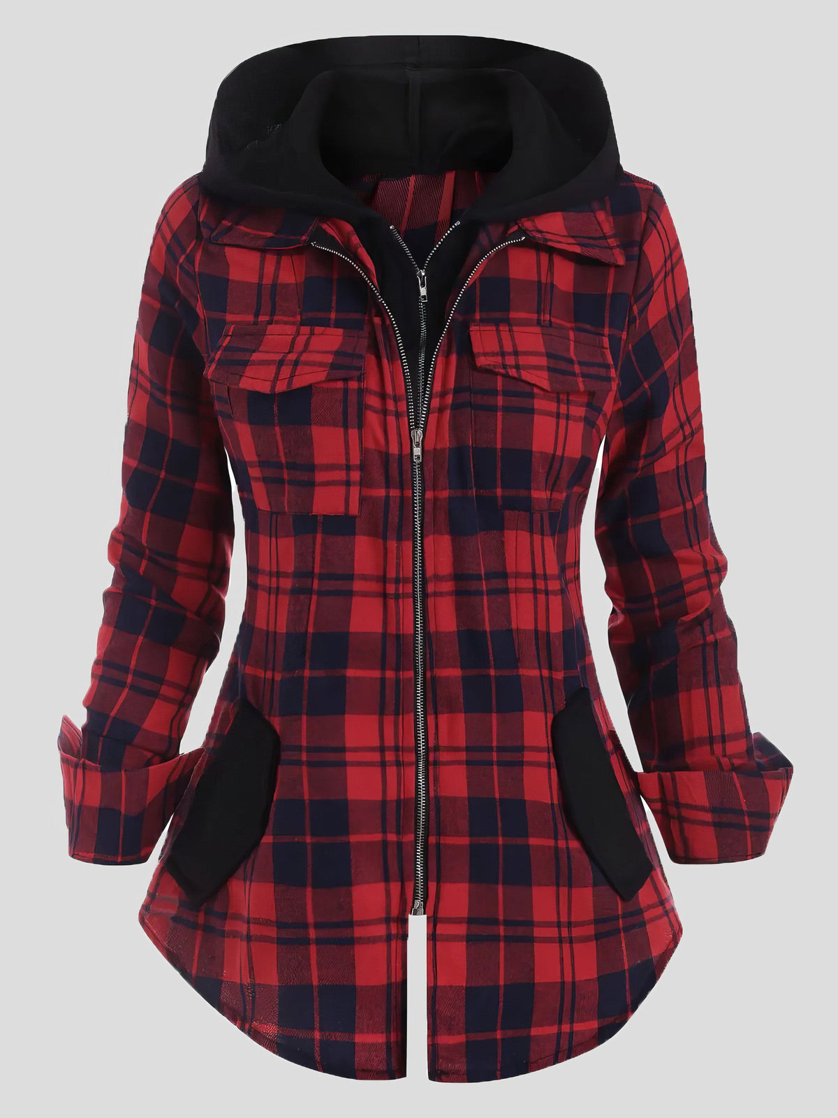 Plaid Zip-Up Hooded Coat with Pockets
