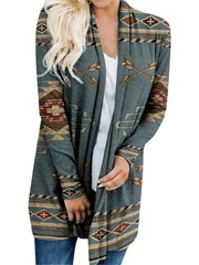 Plus Size Boho Coat, Women's Plus Southwestern Print Long Sleeve Open Front Slight Stretch Cardigan