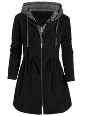 Plus Size Casual Coat, Women's Plus Colorblock Double Zip Up Long Sleeve Drawstring Nipped Waist Ruched Hooded Coat