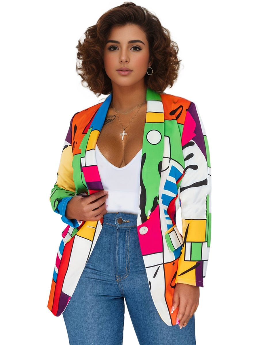 Plus Size Casual Coat, Women's Plus Colorful Abstract Print Long Sleeve Lapel Collar Suit
