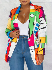 Plus Size Casual Coat, Women's Plus Colorful Abstract Print Long Sleeve Lapel Collar Suit