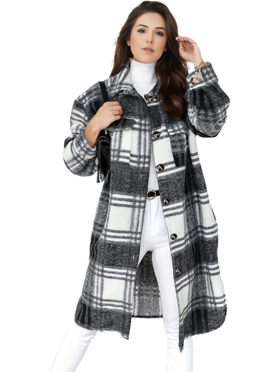 Plus Size Casual Coat, Women's Plus Plaid Print Long Sleeve Lapel Collar Button Up Shacket Jacket