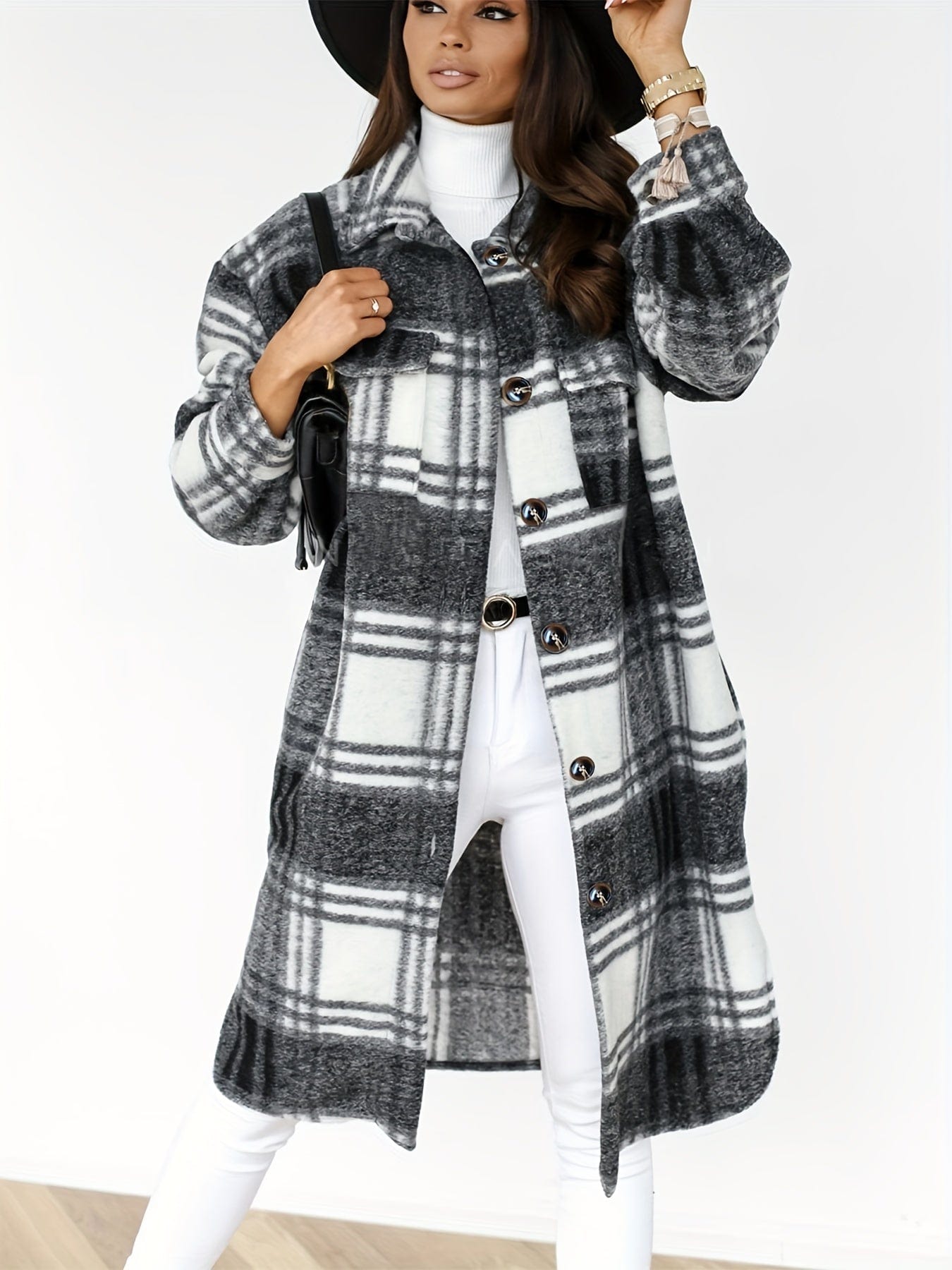 Plus Size Casual Coat, Women's Plus Plaid Print Long Sleeve Lapel Collar Button Up Shacket Jacket