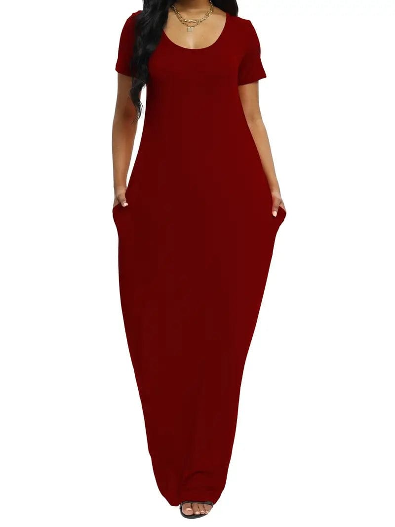 Plus Size Casual Dress, Women's Plus Solid V Neck A-Line Short Sleeve Side Pocket Maxi T-shirt Dress