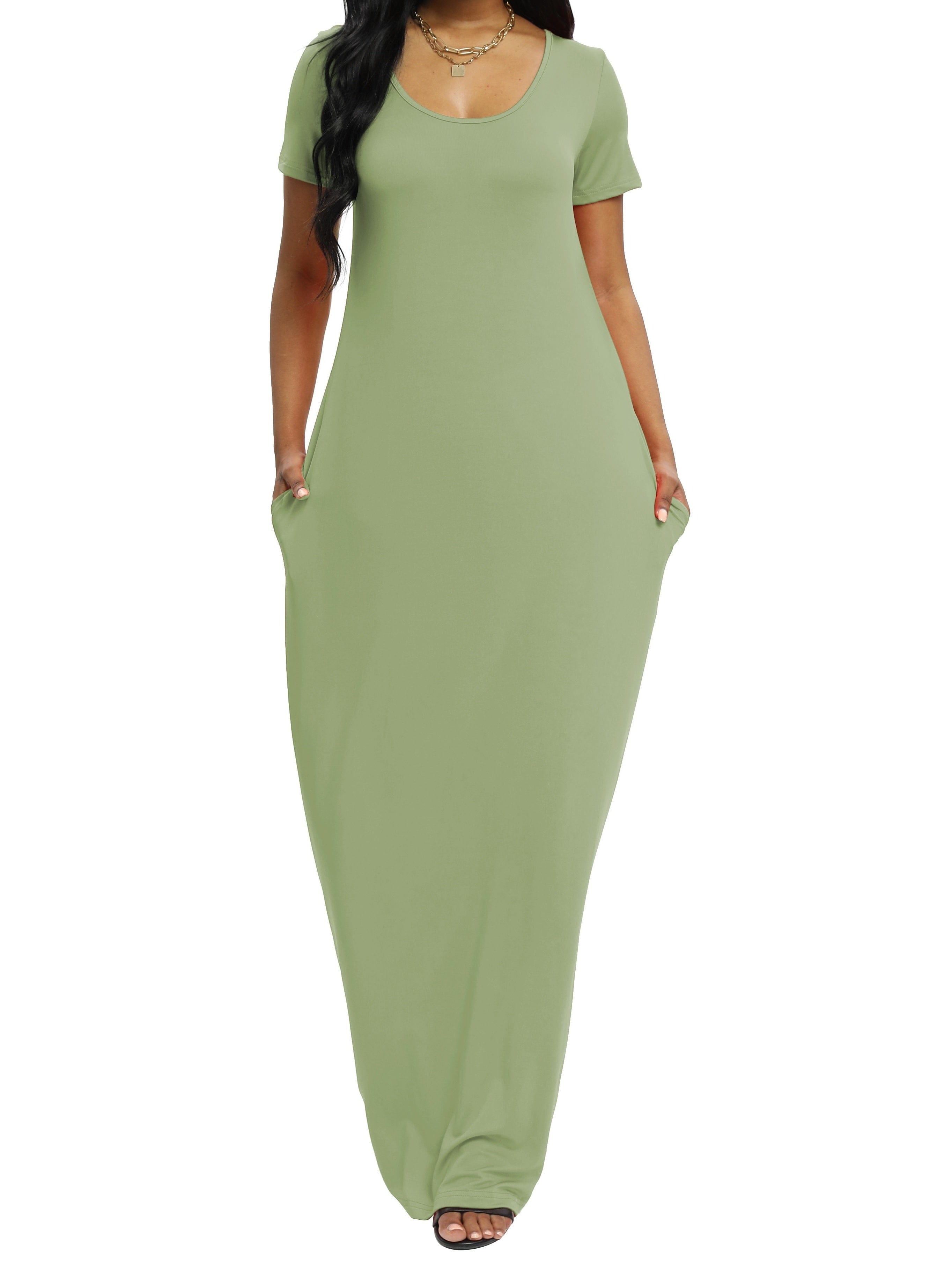 Plus Size Casual Dress, Women's Plus Solid V Neck A-Line Short Sleeve Side Pocket Maxi T-shirt Dress