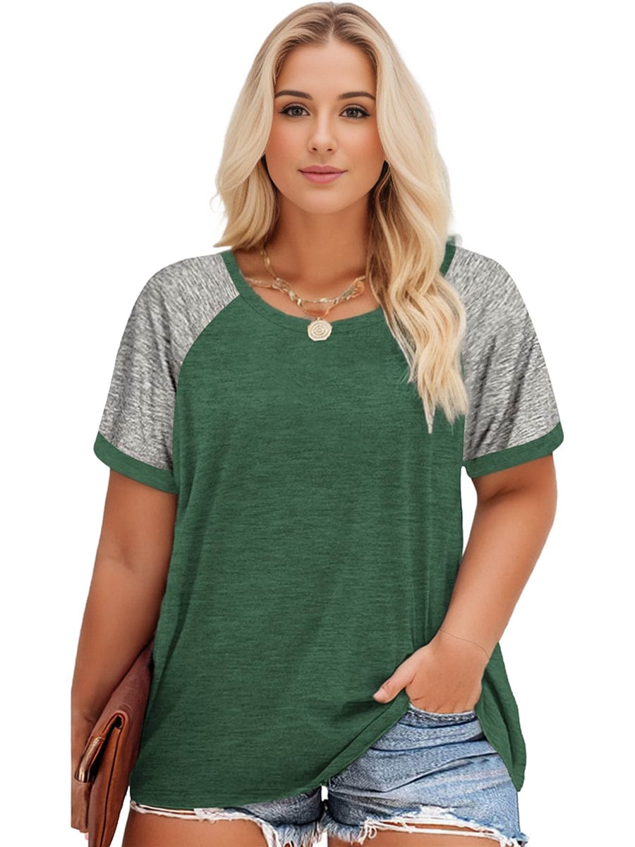 Plus Size Casual T-shirt, Women's Plus Colorblock Short Sleeve Round Neck Slight Stretch T-shirt