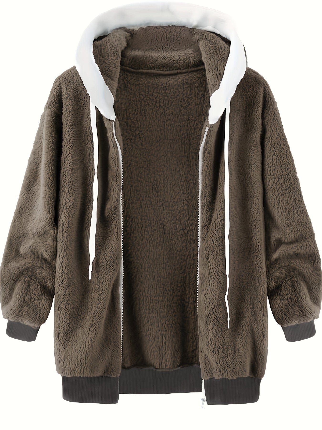 Plus Size Cute Coat, Women's Plus Colorblock Zip Up Long Sleeve Drawstring Hooded Teddy Coat