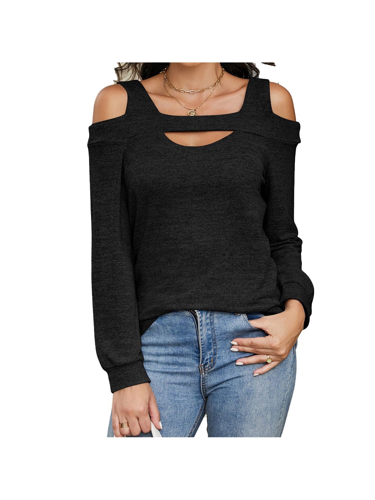 Off-shoulder hollow round neck solid color long-sleeved loose top T-shirt for women