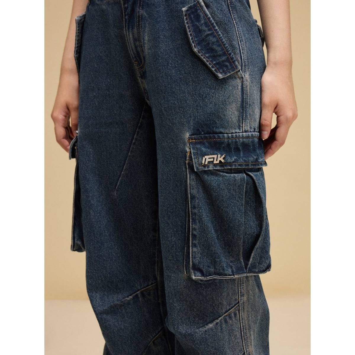 Vintage Blue Wide-Leg Cargo Denim Jeans