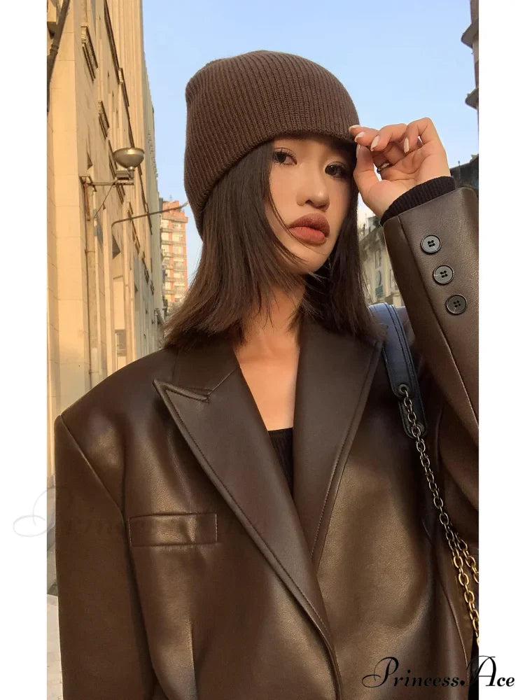 Vintage Black High Quality Leather Loose Biker Casual Long Sleeve Pocket Oversized Blazer