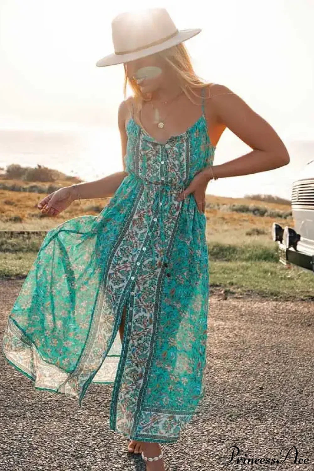 Vintage Floral Print Boho Midi Dress