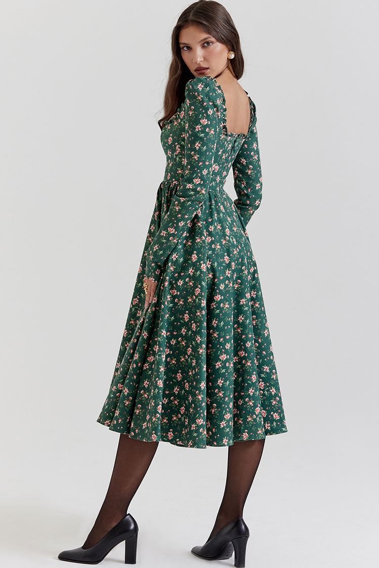 Vintage Ruffled Square Neck Puff Sleeve Fit & Flare Floral Printed Midi Dress - Emerald Green