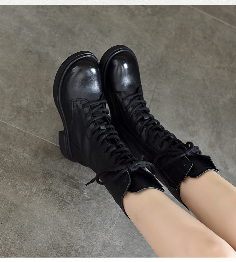 British Style Leather Velvet Strappy Mid-Heeled Long Boots