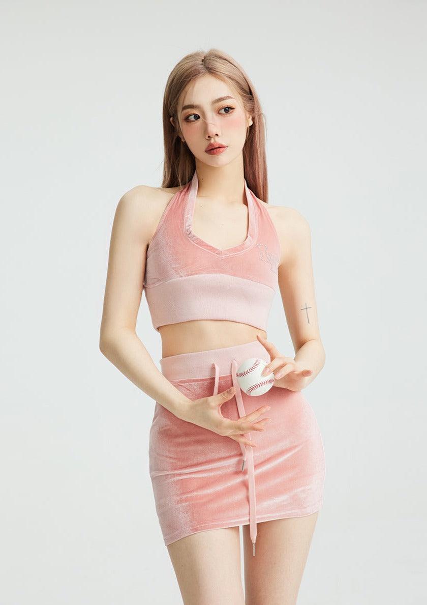 Velvet Halter Tank Top & Skirt Sports Two-Piece Set