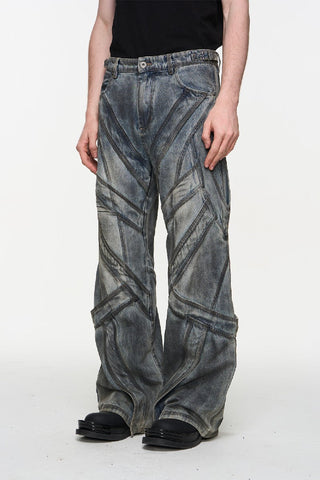 Paneled Washed Distressed Loose Jeans