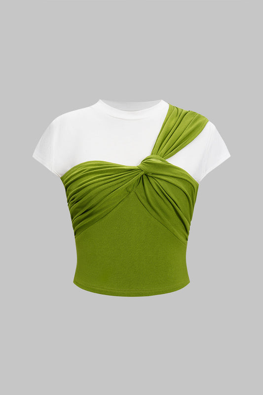 Asymmetrical Patchwork Twist Knot Short Sleeve T-Shirt