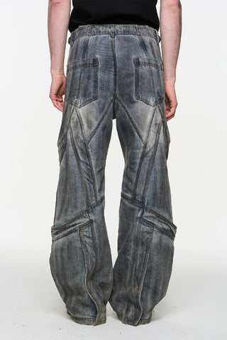 Paneled Washed Distressed Loose Jeans