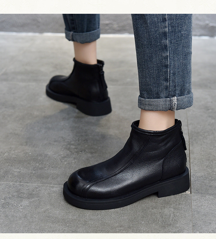 Classic Leather Back Zipper Short Boots