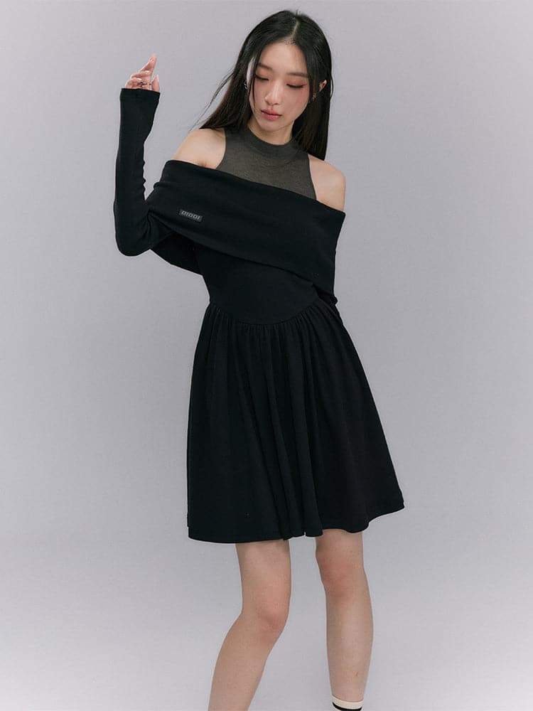 Slim Bi-Color Open-Shoulder Dress