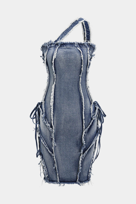Asymmetric Frayed Denim Mini Dress