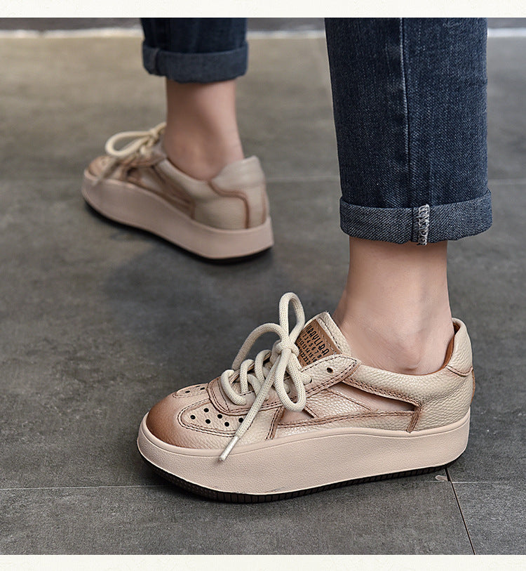 Casual Color Blocking Leather Thick Soled Shoes