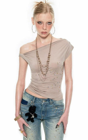 1Jinn One-Shoulder Rhinestone Embellished Tank Top - Women'S Fitted Asymmetrical Sparkle Shirt