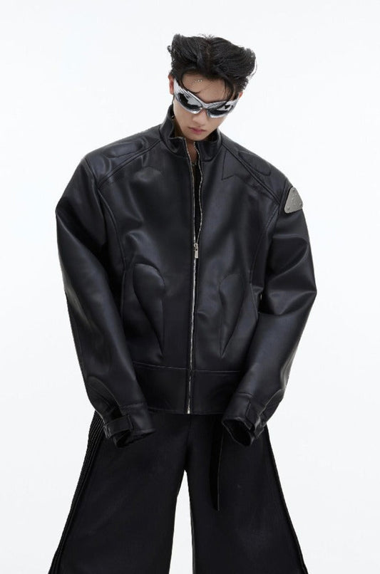 Metallic Logo Vegan Leather Jacket