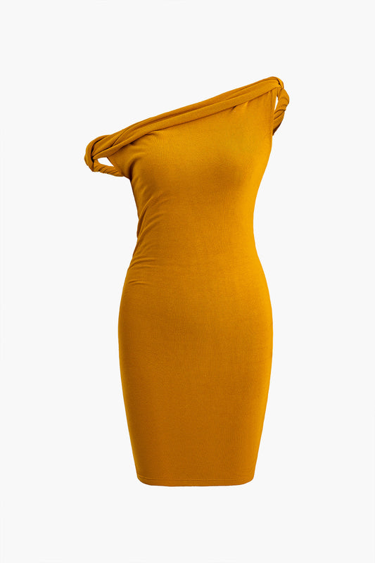 Asymmetrical Shoulder Twist Knot Sleeveless Mini Dress