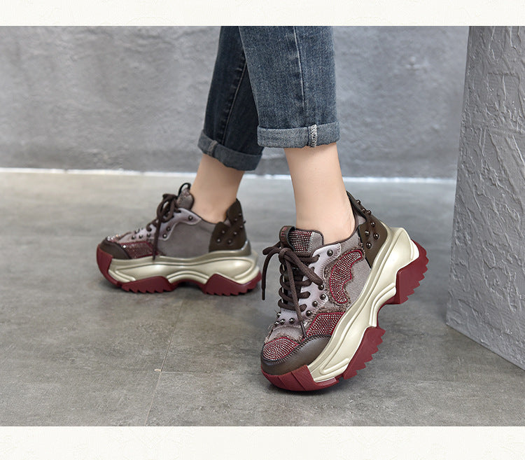 Niche Design Colorblock Leather Thick Bottom Shoes