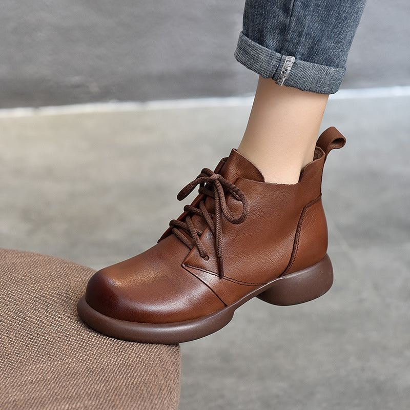 Vintage Leather Round Toe Lace-Up Boots