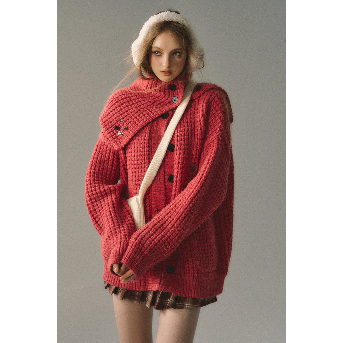 Red Waffle-Knit Cardigan