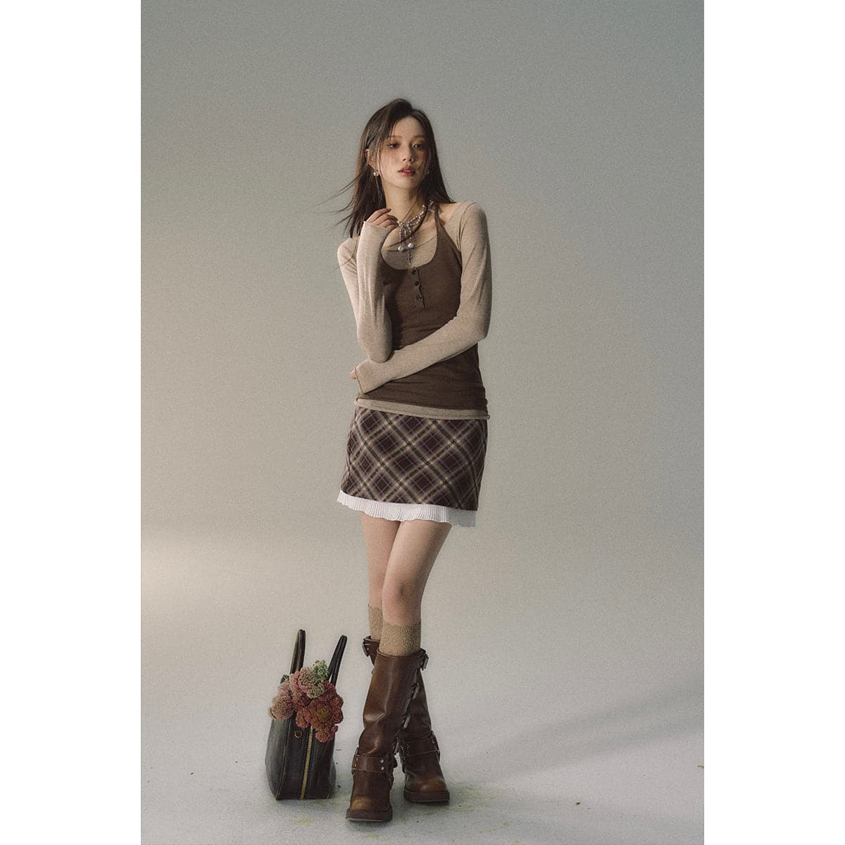 Checkered Mini Skirt - Brown Color Blocking