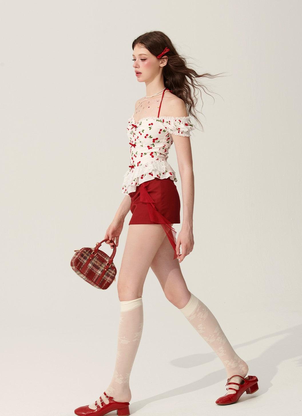 White Halter Neck T-Shirt With Cherry Design