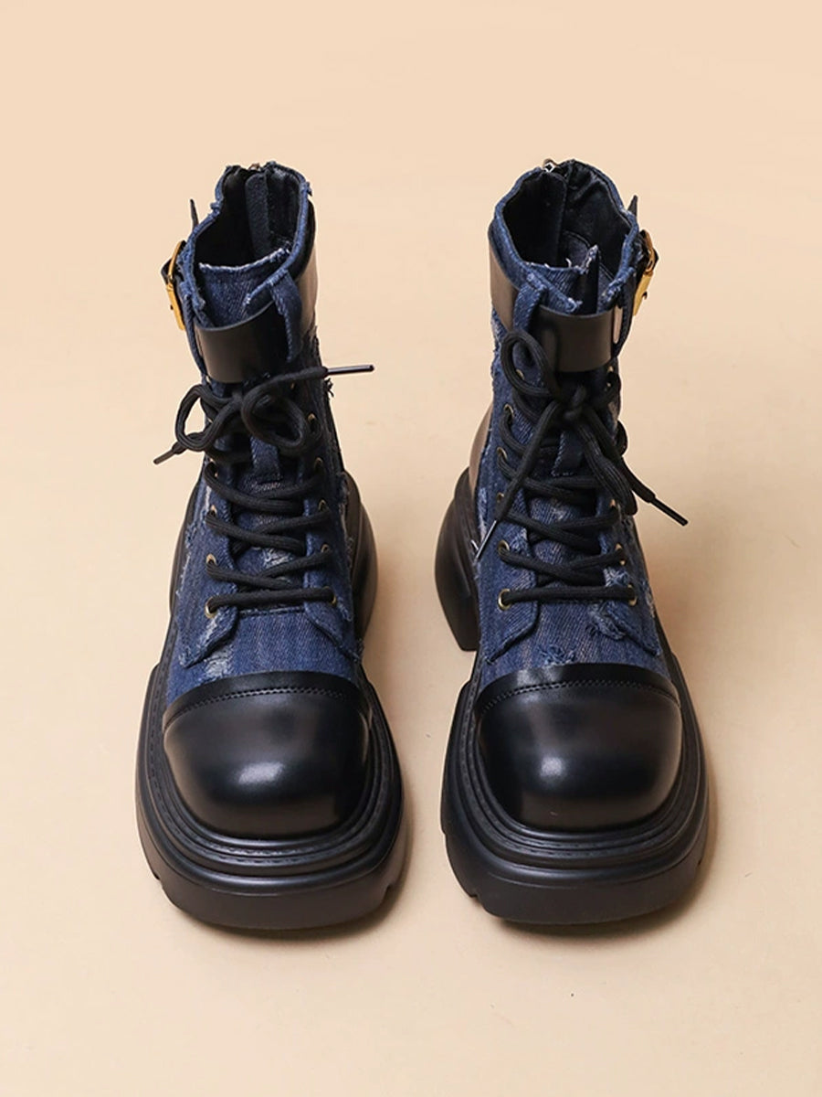 Western Vintage Ribbed Patchwork Sock Style Denim Slip Resistant Sole Chunky Heel Ankle Boots