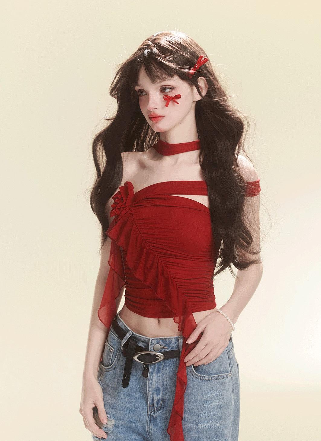 Stylish Red Tube Top And Denim Pants Set