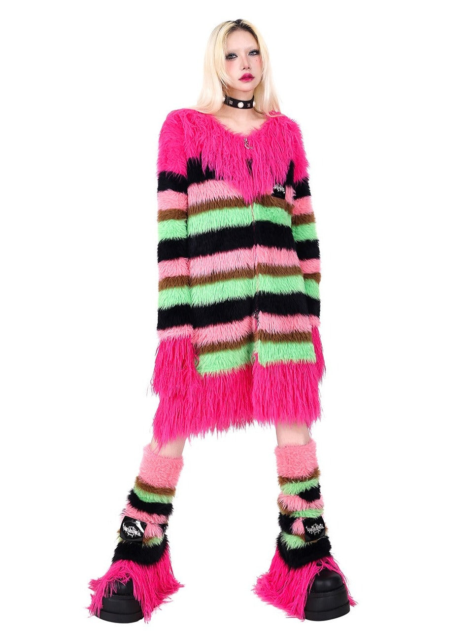 PINKSPINK Neon Striped Faux Fur Coat - Multi-color