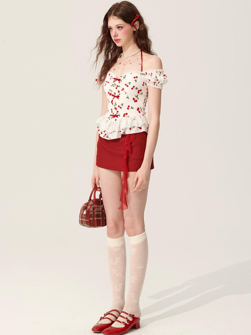 White Halter Neck T-Shirt With Cherry Design