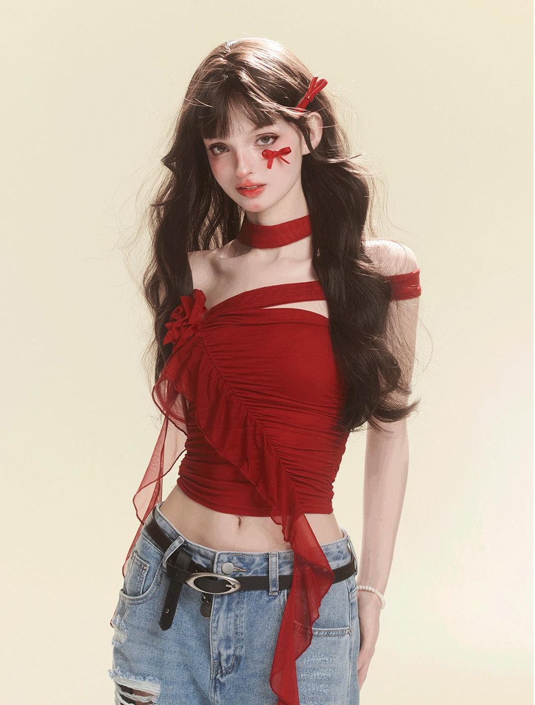 Stylish Red Tube Top And Denim Pants Set